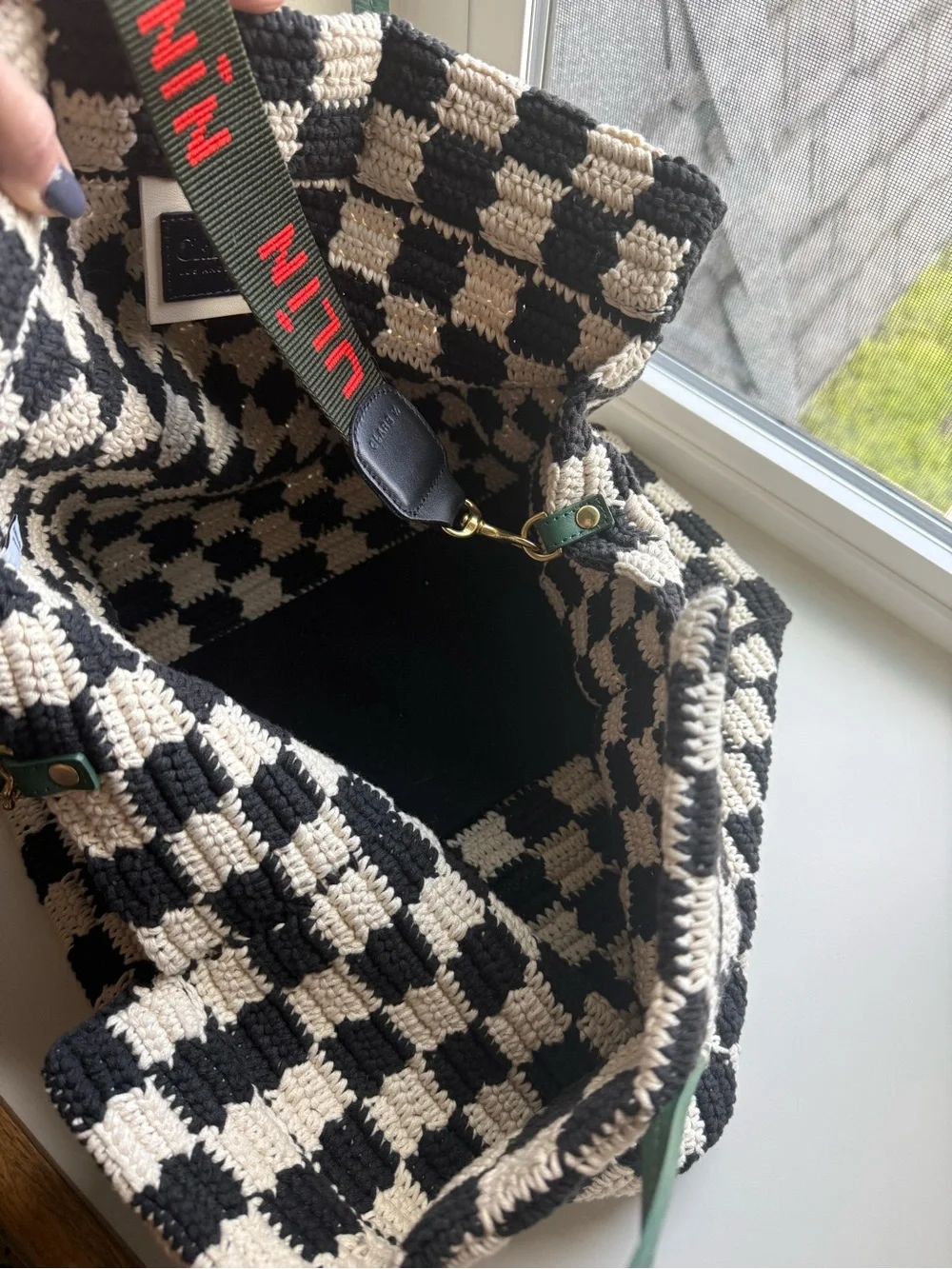 Clare V. Woven Checkerboard Tote with Red Logo Strap and Green Handles